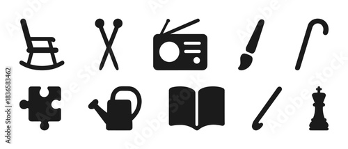 Collection of iconic silhouettes: rocking chair, radio, and more