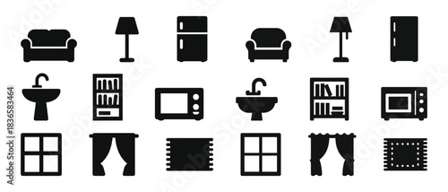 Home furniture and appliances icons: sofa, lamp, refrigerator, sink, microwave, window, and curtain illustrations