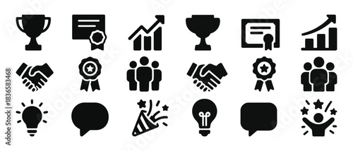 Business success icons: awards, growth, teamwork, and communication symbols