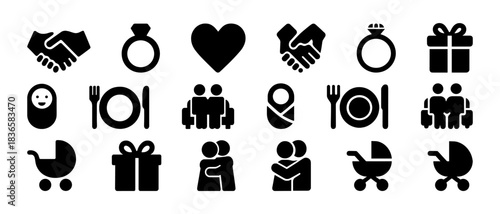 Family and relationship icon set: love, dining, parenthood, gifts