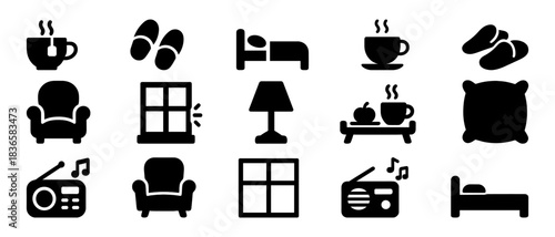 Cozy home icons: bed, armchair, coffee, slippers, window, lamp, radio