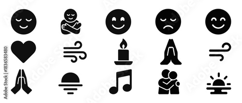 Mindfulness icons: meditation, emotions, relaxation symbols set