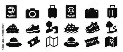 Travel icons set featuring passport, camera, suitcase, and more