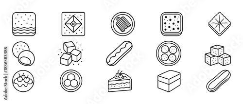 Outline icons of desserts and sweets: cookies, cakes, pastries, and candies