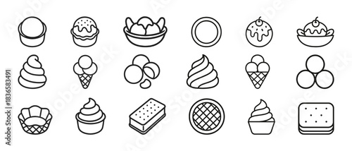 Ice cream desserts: cones, sundaes, sandwiches, waffle icons set