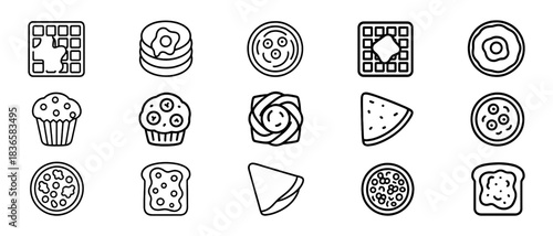 Outline icons of breakfast foods including waffles, pancakes, and toast