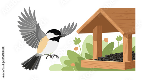 Adorable chickadee flying to a charming backyard bird feeder full of tasty seeds for a delightful nature scene, bringing joy to wildlife lovers