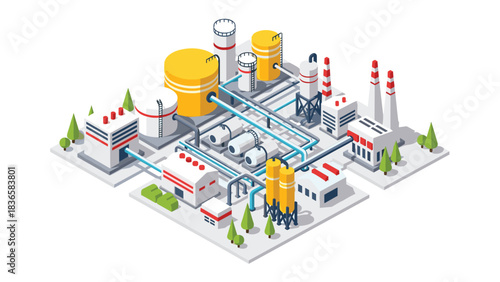 Modern isometric chemical processing plant with pipelines and storage tanks illustrating industrial infrastructure development