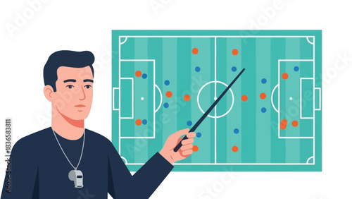 A soccer coach points to a diagram of a soccer field, illustrating a game strategy to his team with player positions marked by colored dots.