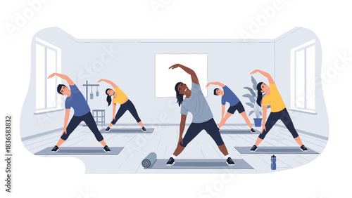 Diverse group enjoying dynamic yoga class together for flexibility and wellness in a bright studio, promoting health and balance