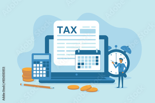 Business tax accounting concept with calendar, calculator, coins and clock