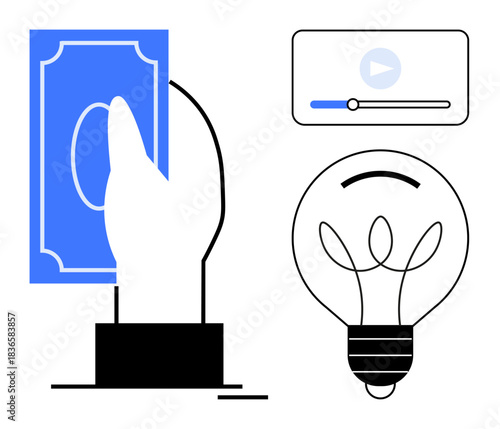 Finance, digital innovation, creative ideas, technology, digital payments, content monetization. Hand holding money, a lightbulb and a media player interface. Finance and digital innovation concept