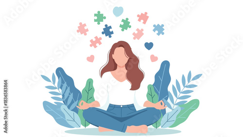 A woman meditates peacefully surrounded by floating puzzle pieces and hearts, symbolizing mental clarity and emotional well-being.