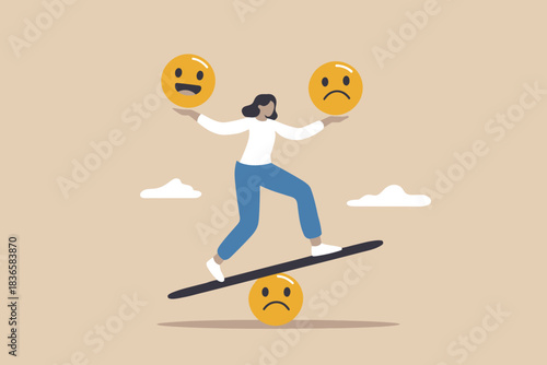 Person balancing happy and sad emojis on a seesaw, concept of mood