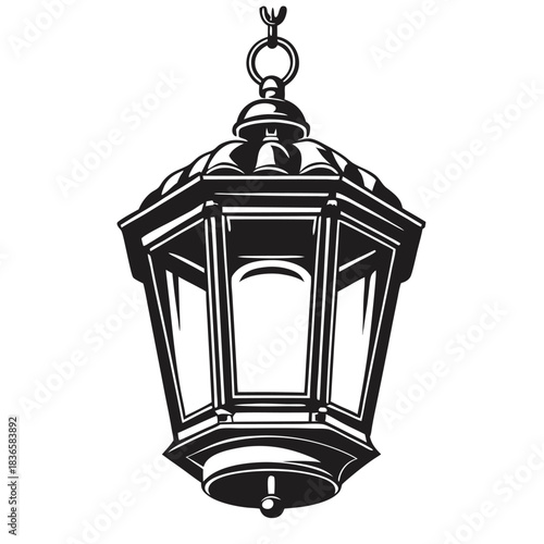 Detailed Black and White of an Ornate Hanging Lantern with Chain