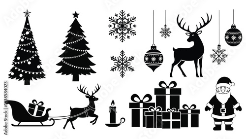 A collection of festive Christmas silhouettes, including Santa Claus, reindeer, sleighs, decorated trees, snowflakes, ornaments, and gifts, all presented in black and white for easy graphic design