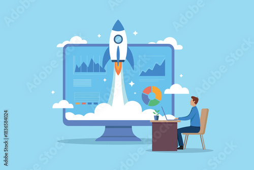 Business growth rocket launch from computer screen with charts