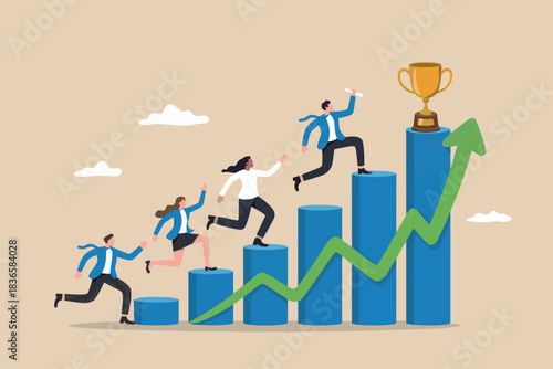 People running up graph bars towards trophy representing success and growth