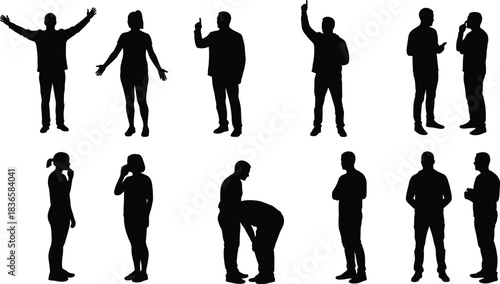 cad drawing flat vector illustration, silhouette people poses collection showing various gestures, communication actions, standing positions for creative design, presentation, advertising