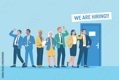 Diverse group of professionals standing by door, we are hiring sign above