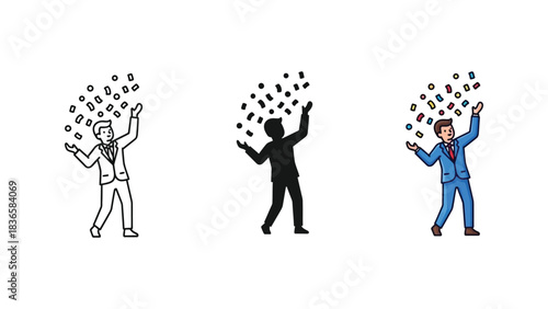 Set of three icons showing a businessman celebrating and throwing confetti or small objects into air