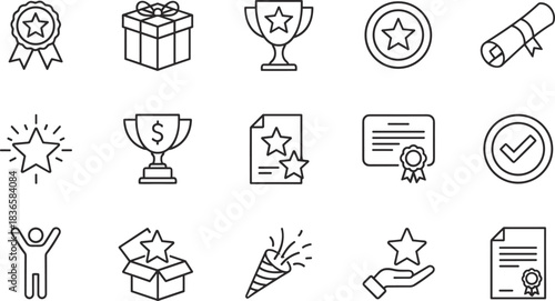 Ultimate Success Achievement Icons Set, Featuring Golden Trophies, Medals, Badges, and Star Rating Symbols, Representing Victory, Competition, and Excellence Rewards Design.