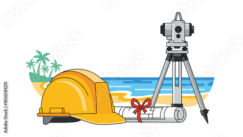 Surveying engineer's construction tools and blueprint ready for tropical resort development project planning