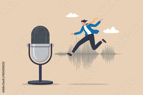 Man running on sound wave from microphone, concept of voice and audio recording