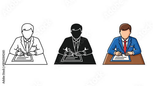 Set of three icons representing a businessman signing a document or contract at a desk in outline, silhouette and color vector styles