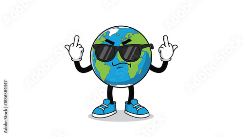 A cartoon representation of planet Earth, wearing sunglasses and giving the middle finger with both hands, standing on cartoon legs and wearing sneakers.