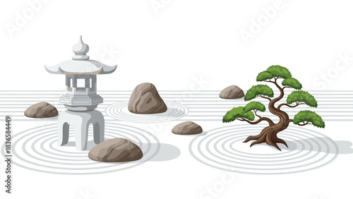 Stunning Zen garden scene featuring a stone lantern, rocks, and a beautifully shaped bonsai tree for peaceful design
