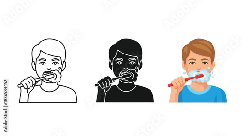 Set of three illustrations showing a boy or young man brushing his teeth in line art, silhouette and color style