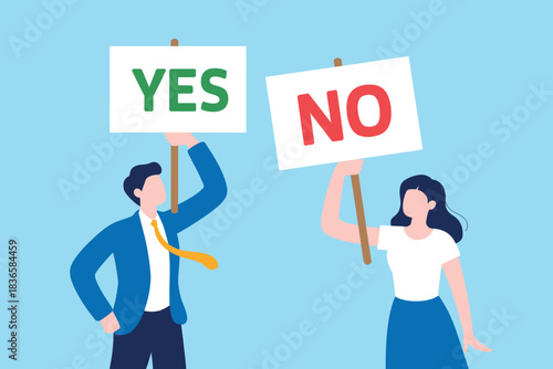 Man and woman holding signs, one with 'yes' and the other with 'no'.