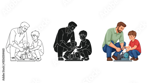 Father and son working together a small machine or project, shown in line art, silhouette and full color illustration styles