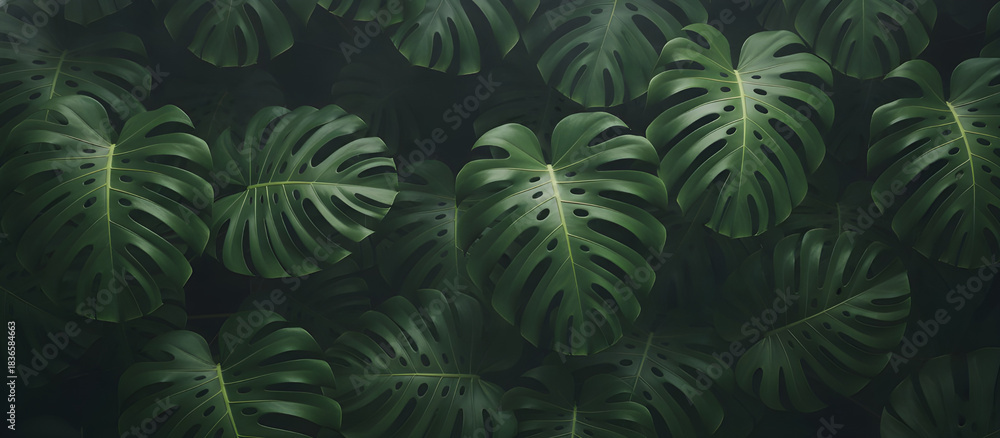 Fototapeta premium Lush green monstera leaves forming a dense tropical canopy