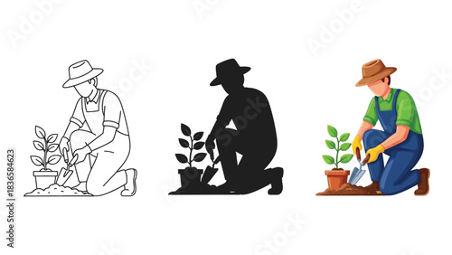 Gardener planting a small seedling in a pot, shown as line art, silhouette and full color illustration