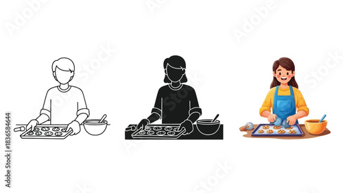 Set of three illustrations showing a woman baking cookies, including line art, silhouette and full color versions