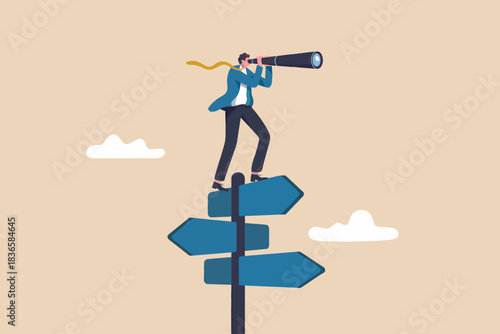 Man with telescope on signpost looking into the distance, 60 chars