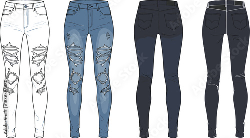cad drawing flat vector illustration, distressed ripped skinny jeans fashion design showing front and back views in multiple denim washes with stitching, pockets, shading