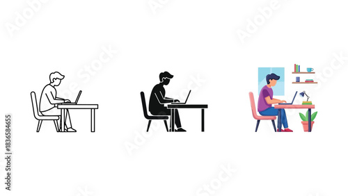 Set of three illustrations showing a person working a laptop at a desk in outline, silhouette and color style