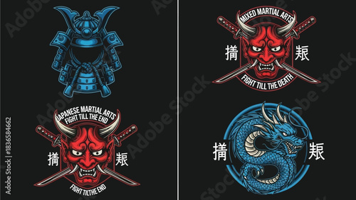 A collection of four distinct Japanese-inspired graphic designs featuring a samurai helmet, two demonic masks with swords, and a blue dragon emblem, presented on a dark background.