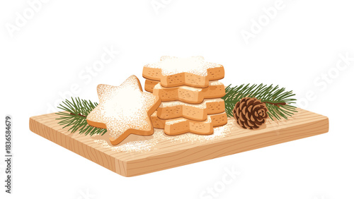 Delicious star shaped Christmas cookies dusted with powdered sugar on a wooden board with pine