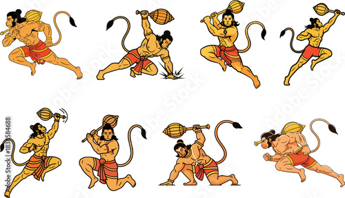 Hanuman PNG Pose Set. 8 Powerful Transparent Vector Actions.