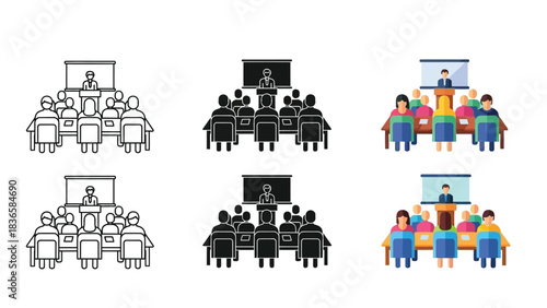 Set of six icons illustrating a business meeting, conference, or presentation in various styles including outline, solid black and color flat design