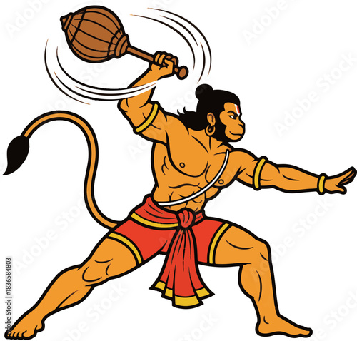 Hanuman Battle Charge PNG. Intense Transparent Vector Pose.