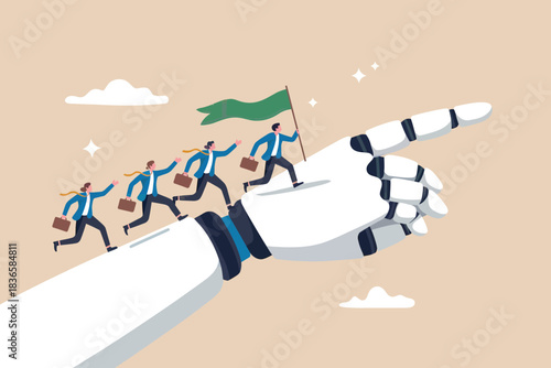 Robot leads businessmen with flag towards future success and innovation