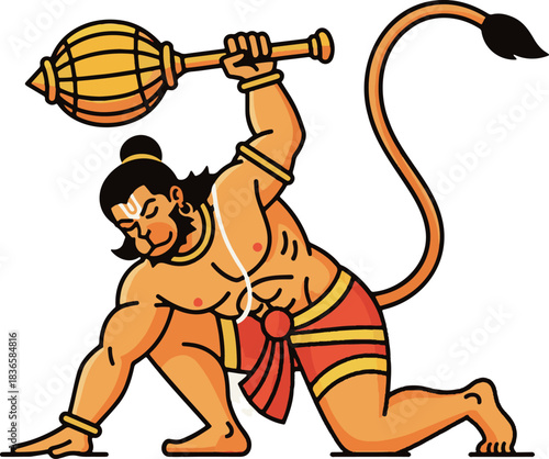 Hanuman Battle Charge PNG. Intense Transparent Vector Pose.