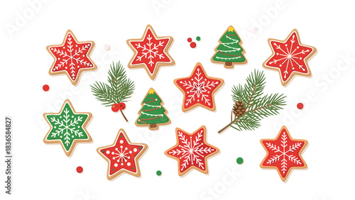 Festive assortment of decorated Christmas gingerbread cookies with pine branches perfect for holiday marketing materials