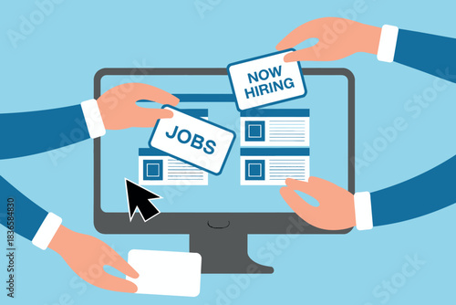 Hands placing job and now hiring cards on computer screen.
