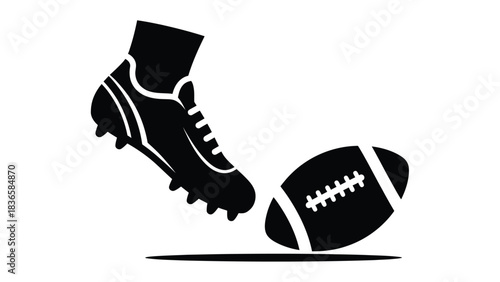 A black silhouette of a cleated athletic shoe kicking an American football on a white background.